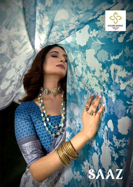 SHUBH SHREE PRESENTS SAAZ VOL-1 WHOLESALE MASS MELI WEAVING BORDER WITH PRINT STYLISH SAREE FOR WOMEN CATALOG WHOLESALER 