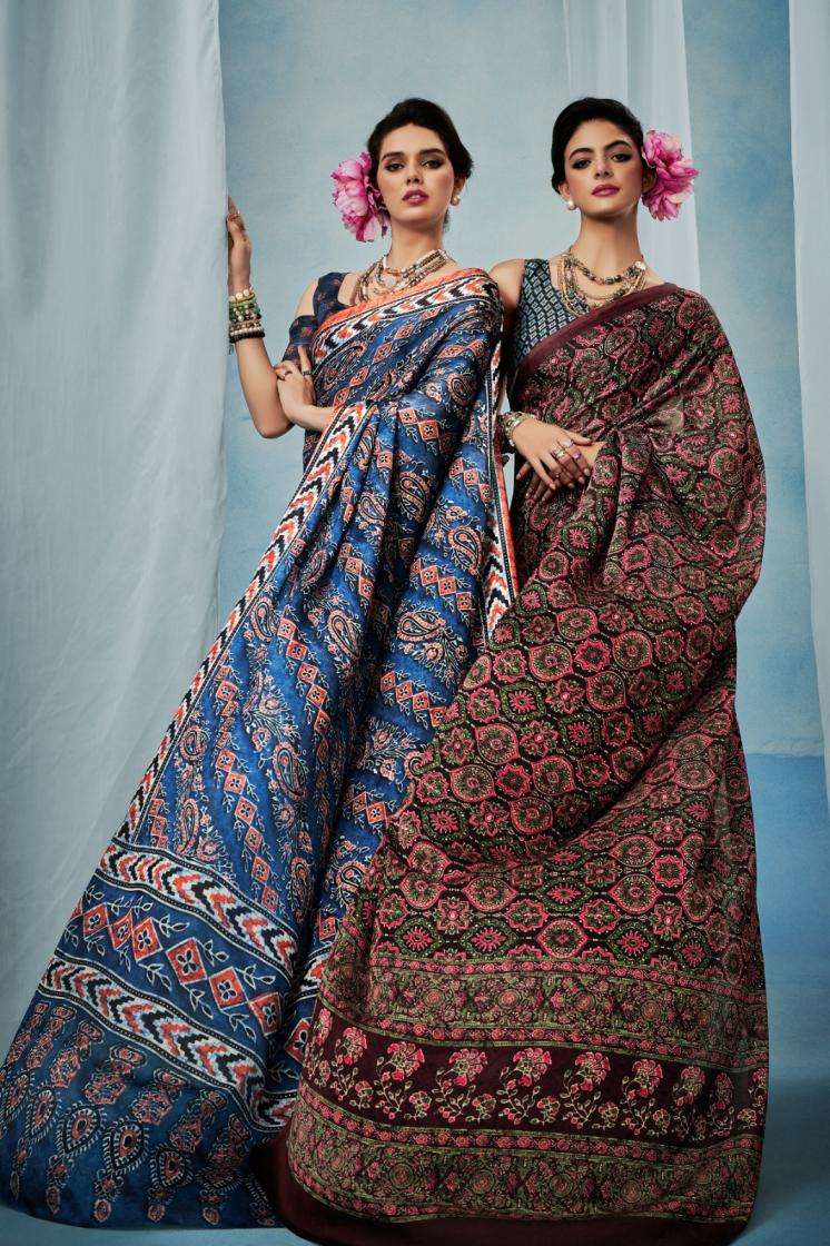 Sosy Presents Ajrakh Silk Summer Special Satin Georgette Saree Wholesaler And Exporter 