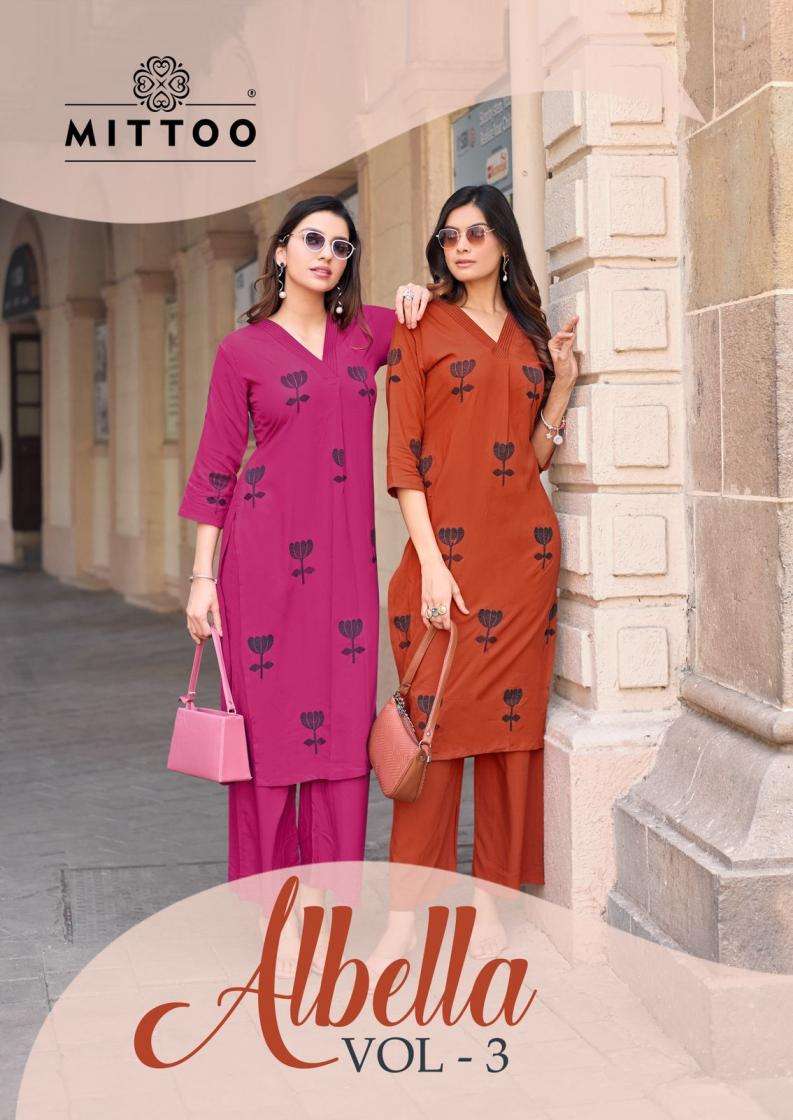 mittoo presents albella vol 3 rayon readymade classic co-ord sets