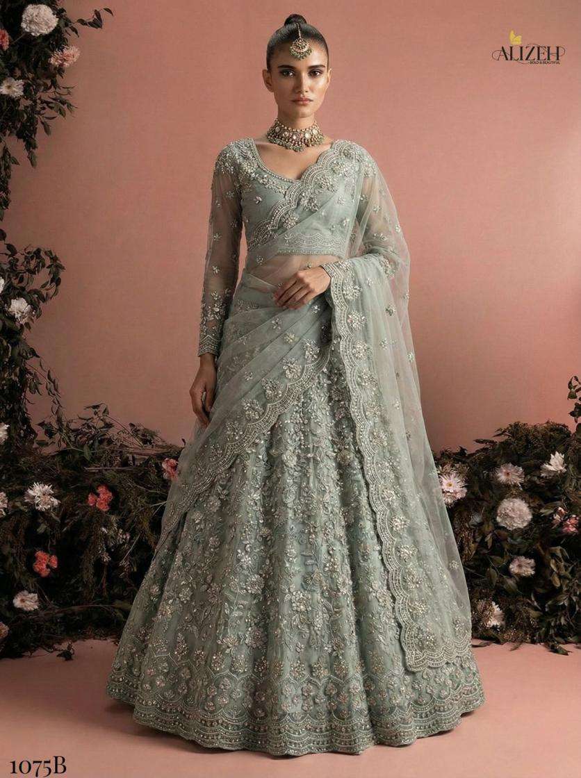 alizeh presents 1075 wedding special butterfly net lehengas catalog collection