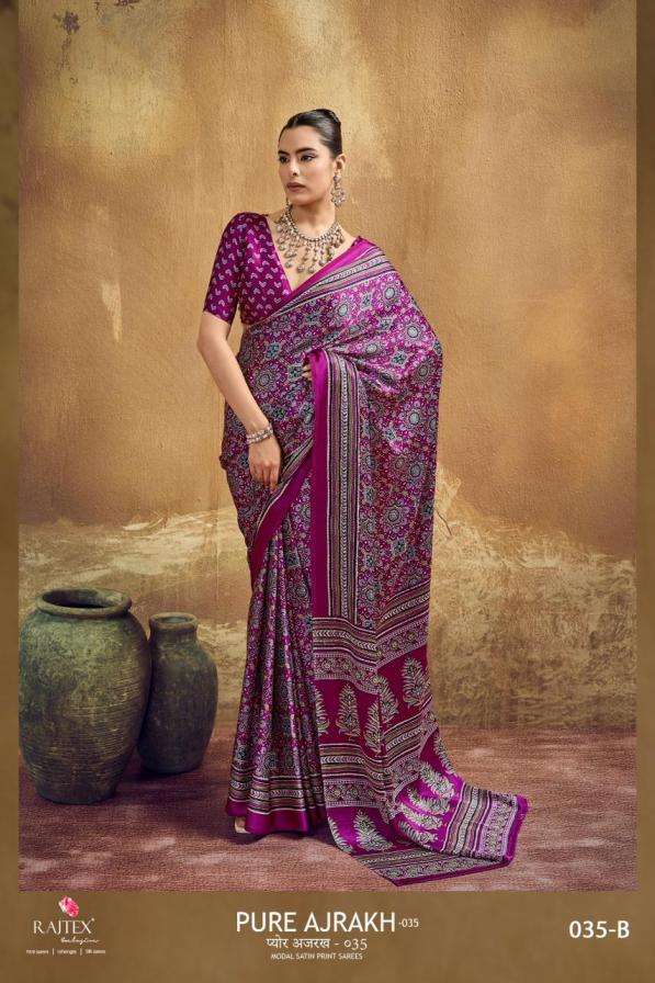 rajtex presents pure ajrakh 35 modal satin hit design best sarees catalog wholesaler
