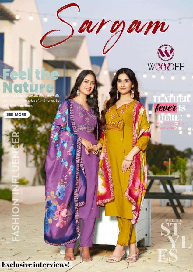 woodee presents sargam rayon straight cut fully stitch thread work 3pcs dress