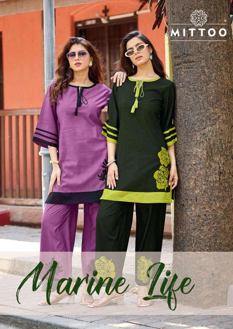 mittoo presents marine life viscose thread work full stitch co-ord sets