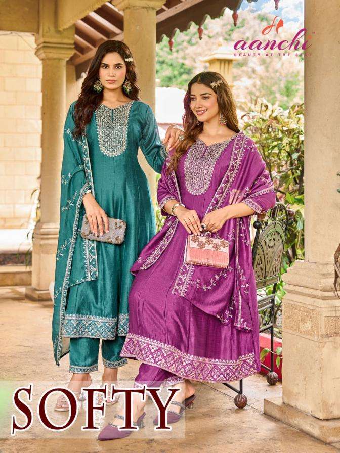 aanchi presents softy full stitch stylish look vichitra silk 3pcs sets