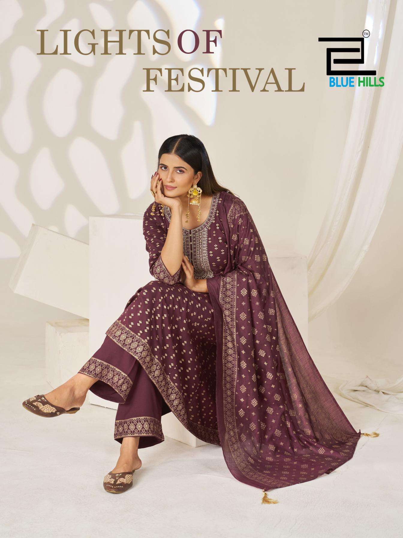 blue hills presents light of festival readymade rayon foil print big size combo 3pcs dress