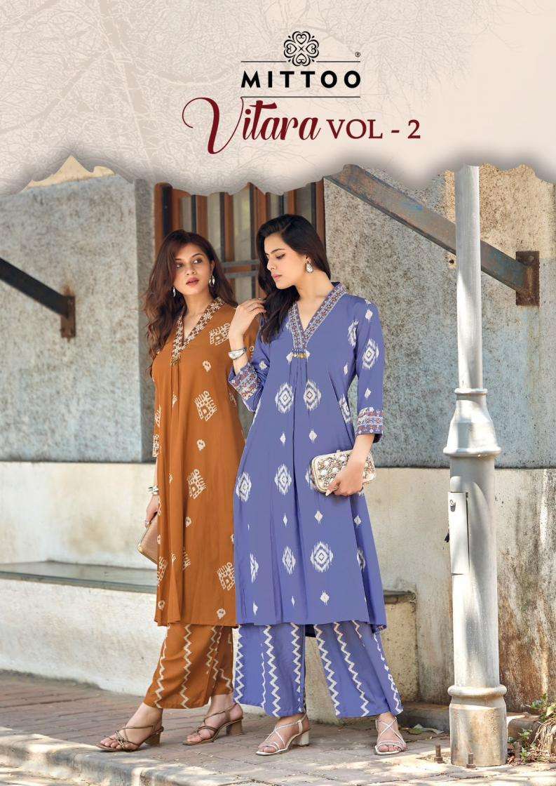 mittoo presents vitara vol 2 readymade rayon thread work kurti with pant
