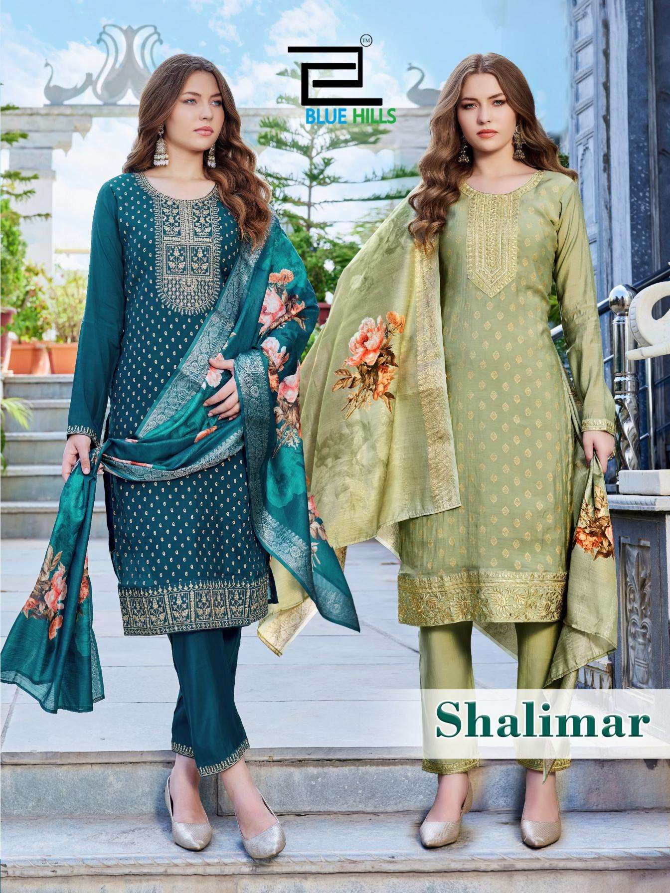blue hills shalimar full stitch trendy mul chanderi foil print plus size combo 3pcs