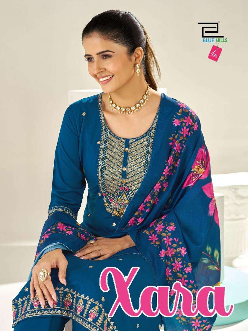 blue hills xara rayon full stitch thread work big size combo suits