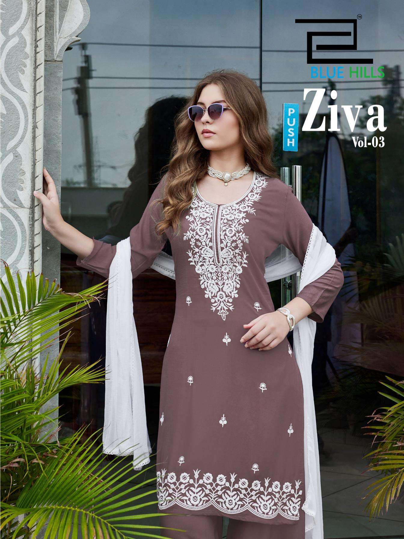 blue hills ziva vol 3 rayon embroidery work full stitch combo plazzo suit