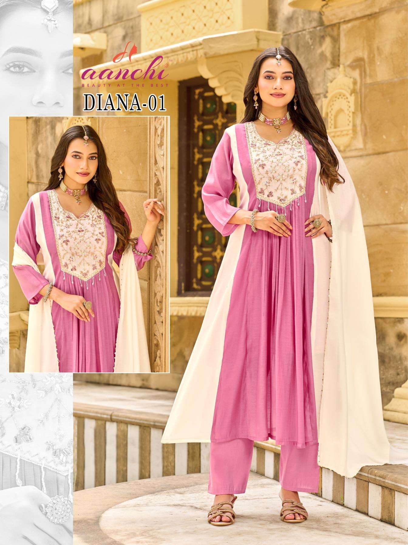 aanchi diana 01-02 full stitch mul chanderi combo kurtis catalog
