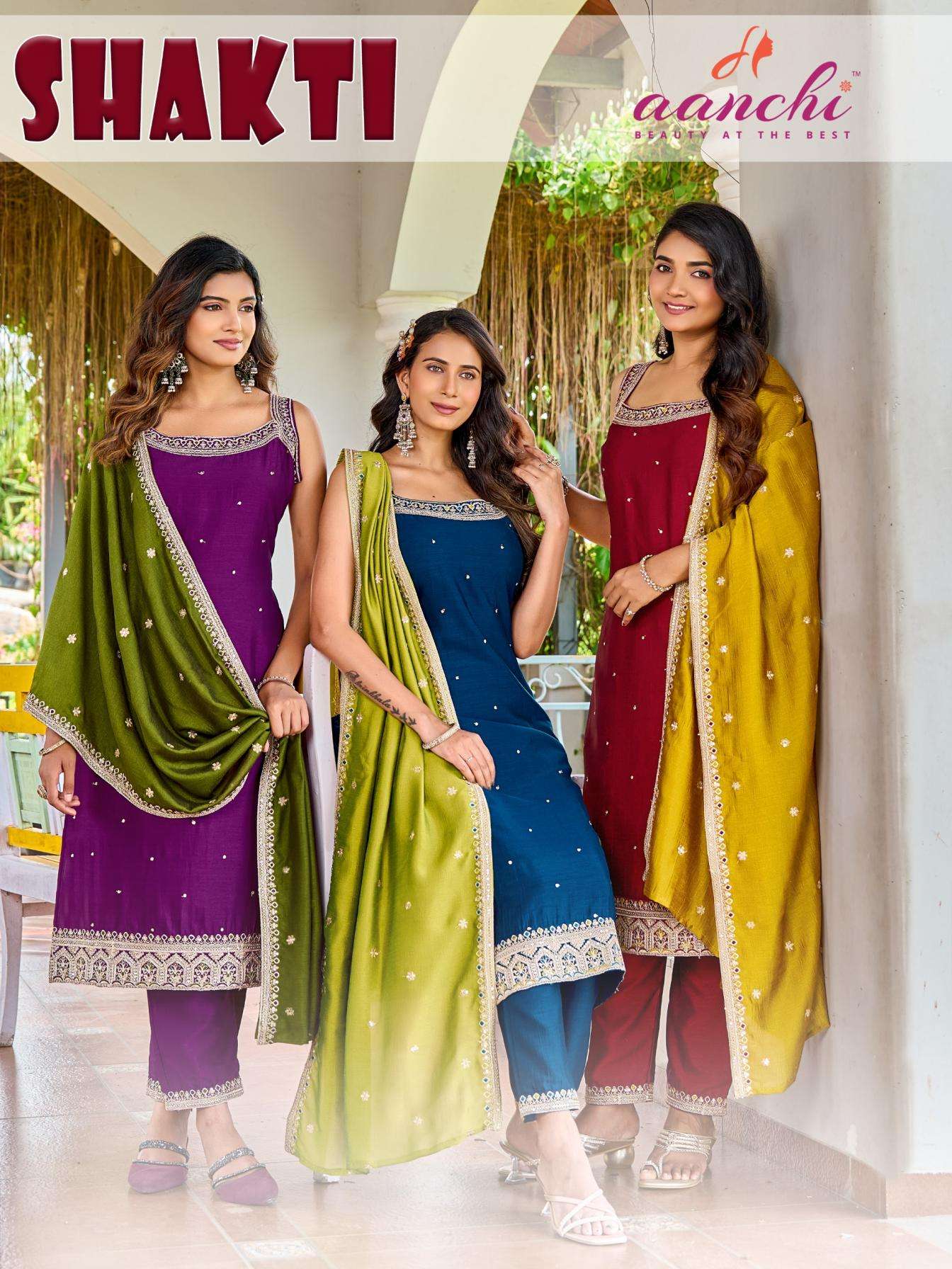 aanchi shakti vichitra silk full stitch attractive look 3pcs set 