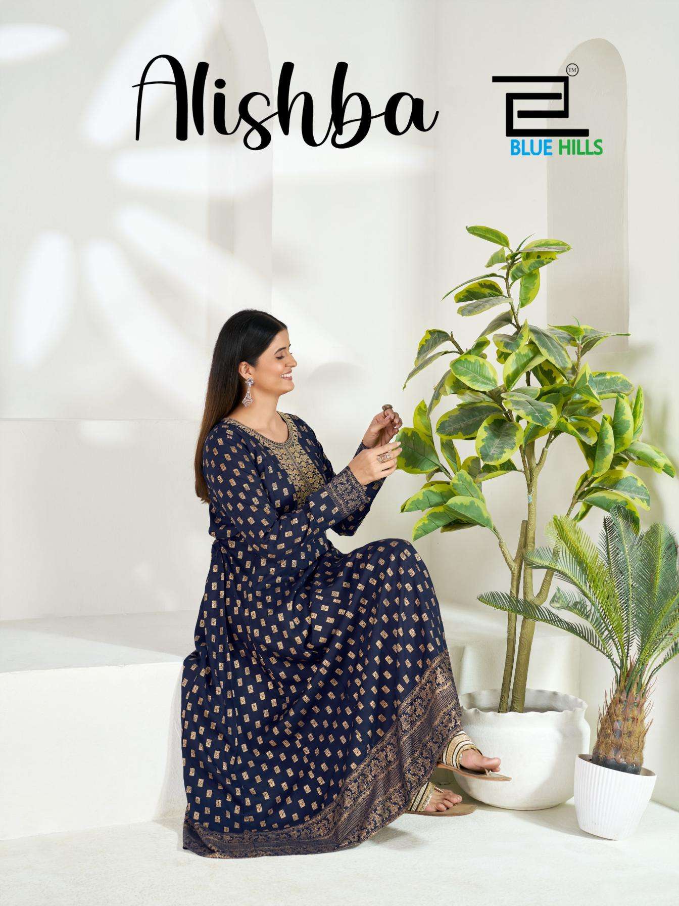 blue hills alishba full stitch rayon foil print plus size combo anarkali gown