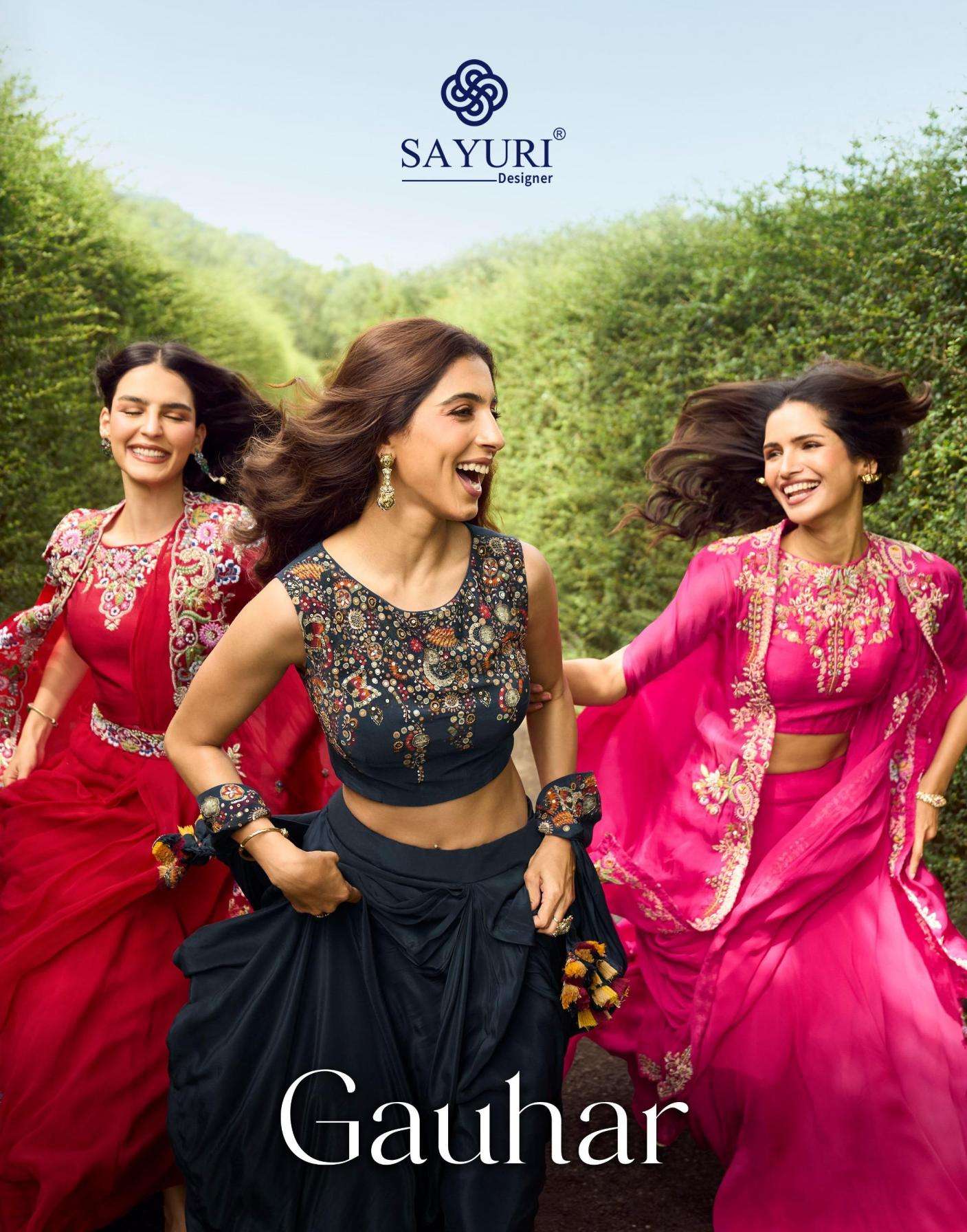 sayuri designer gauhar exclusive full stitch georgette lehenga shrug jacket with blouse 