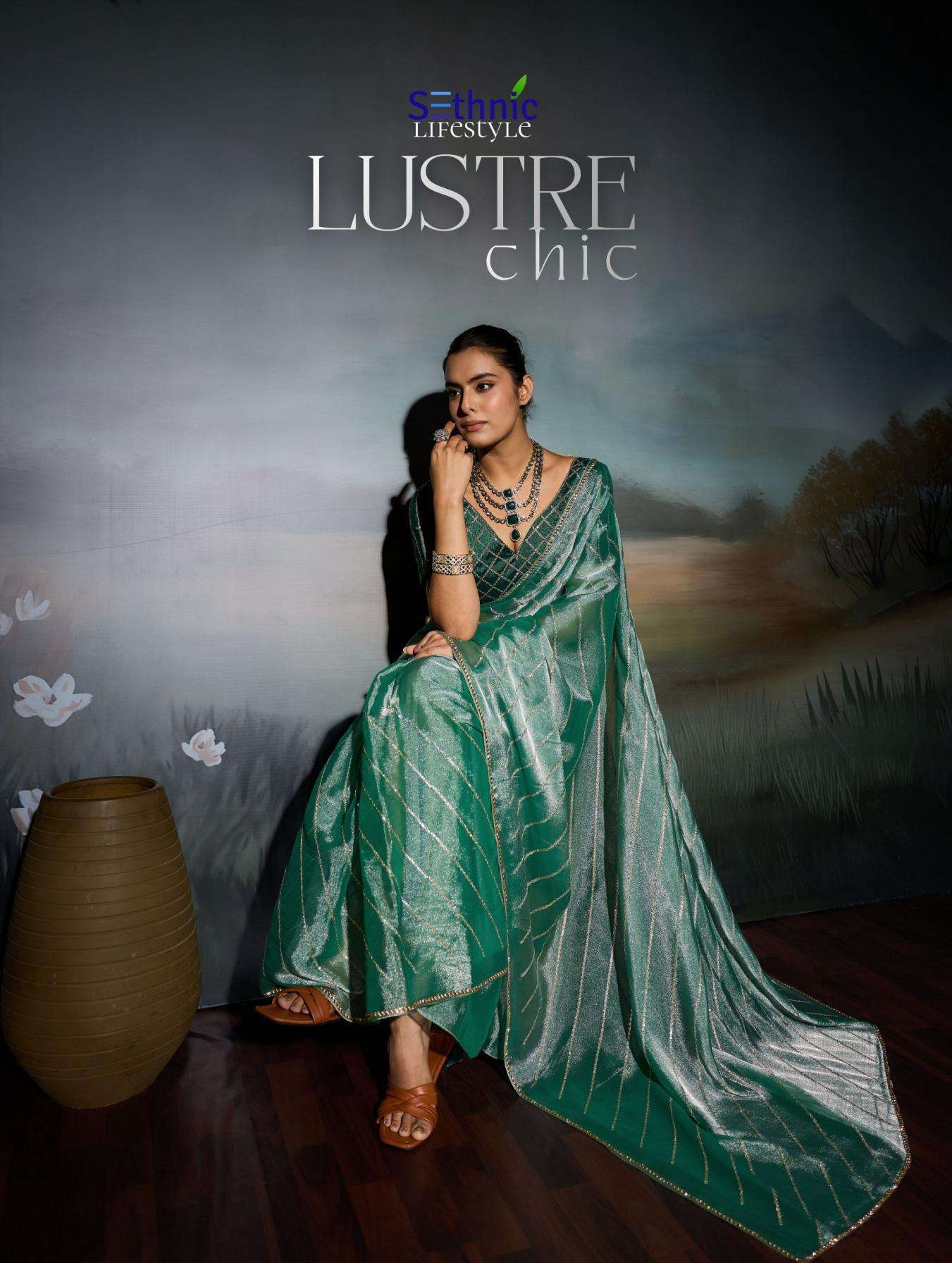 sethnic lifestyle lustre chic moss chiffon embroidery work festive saree