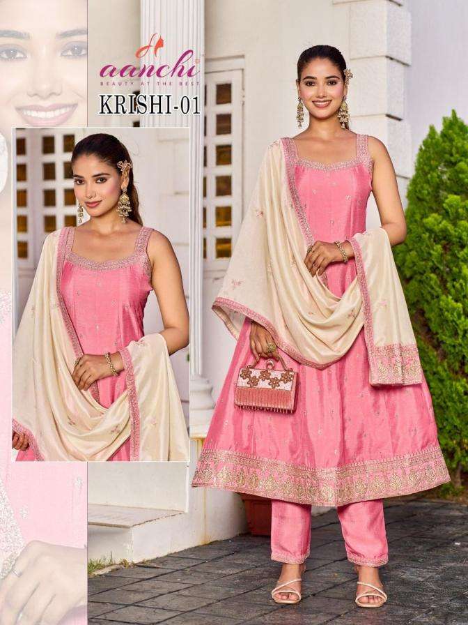 aanchi krishi 01-02 full stitch vichitra silk combo 3pcs set 