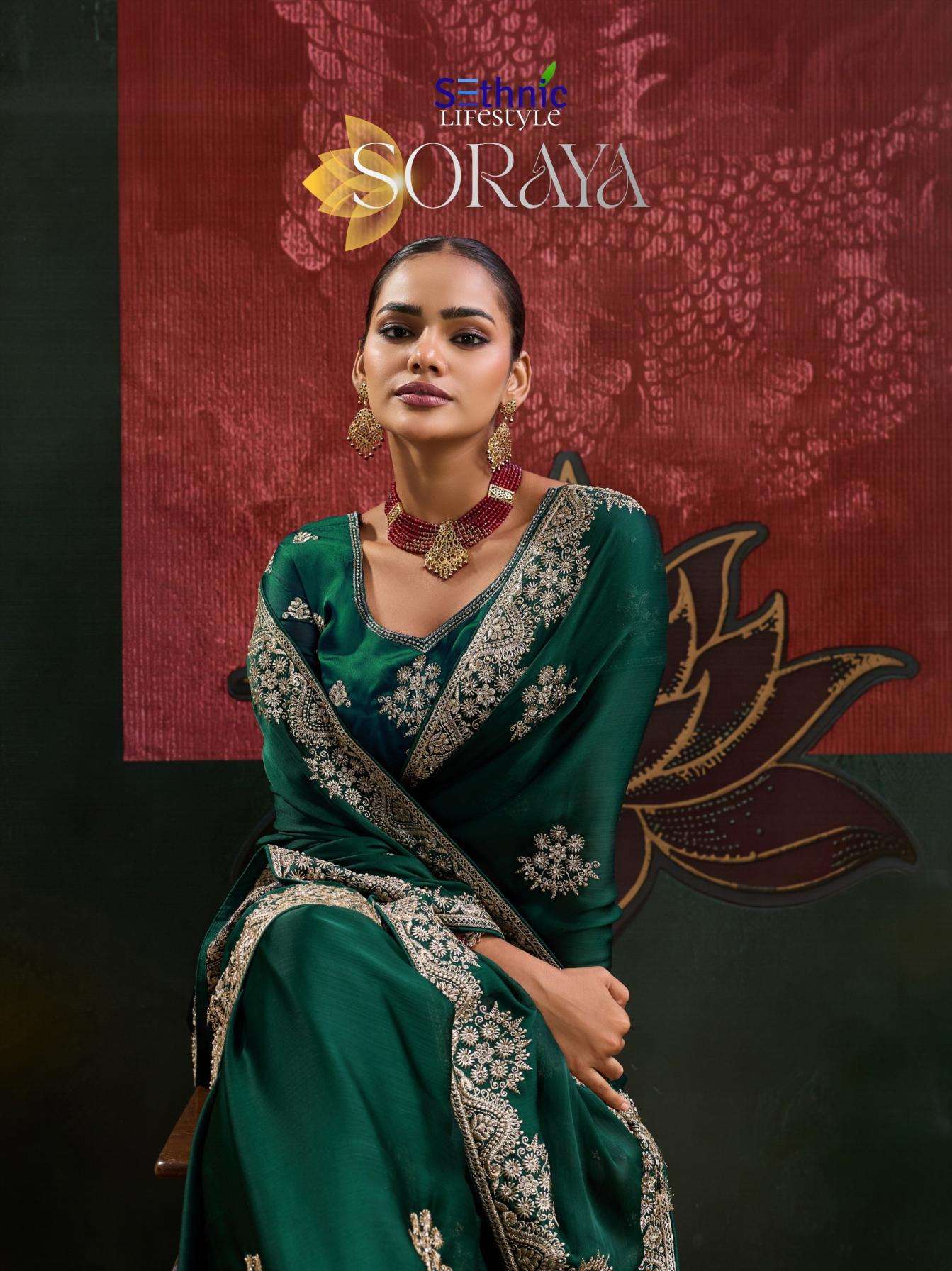 sethnic lifestyle soraya satin chiffon thread embroidery work saree