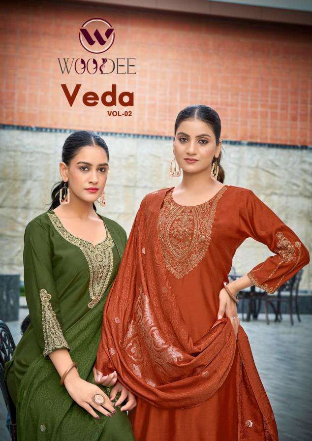 woodee veda vol 2 pretty viscose gadhwal fully stitch plazzo dress